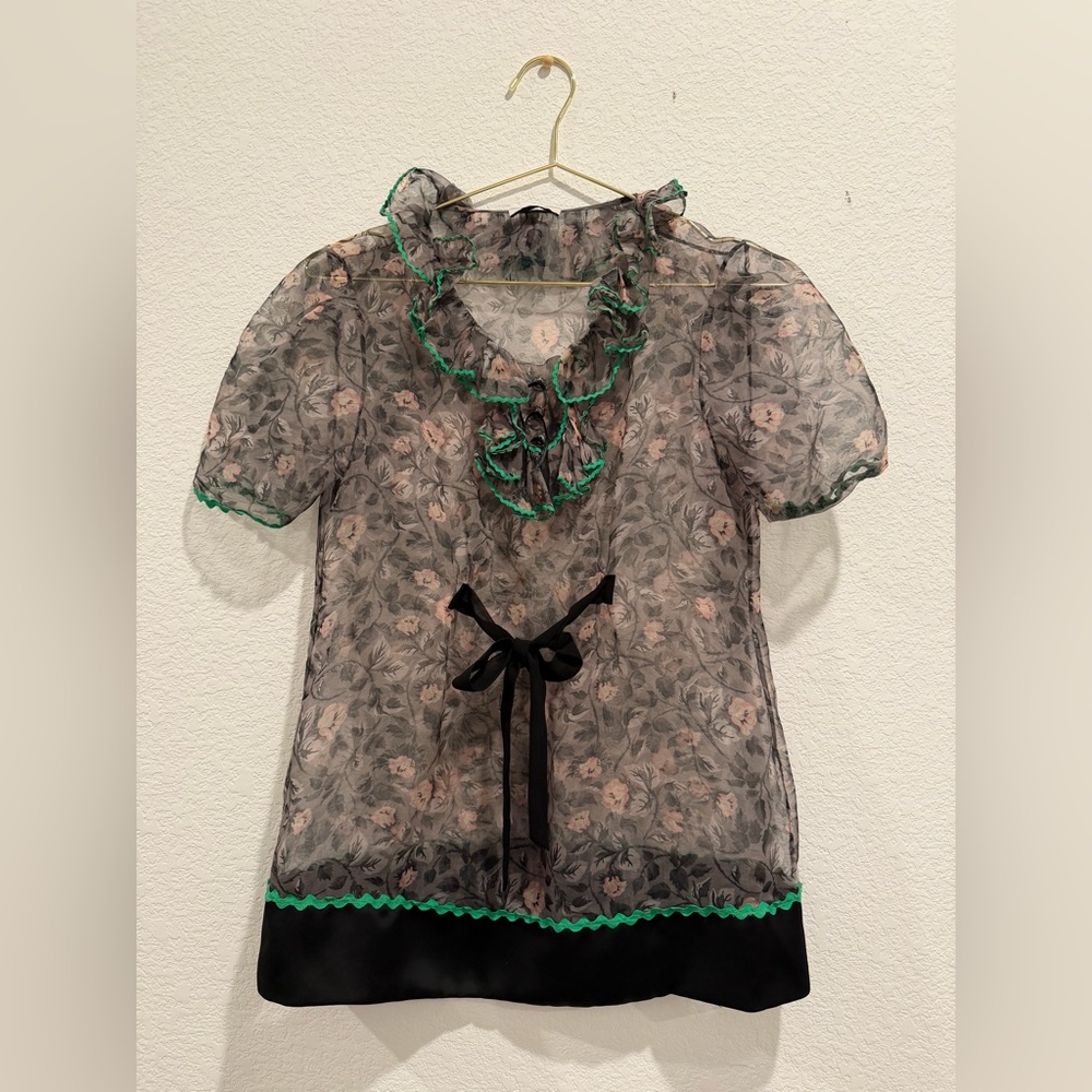 COACH Sheer floral green scallop trim black bow tie ruffle trim blouse top